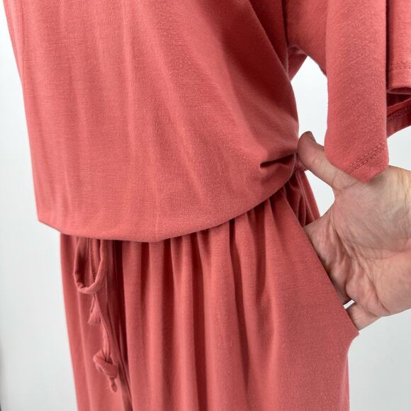 Coral Pink Short Sleeve Wide Leg Drawstring Jumpsuit Womens Tie Back Round Neck - Picture 4 of 10